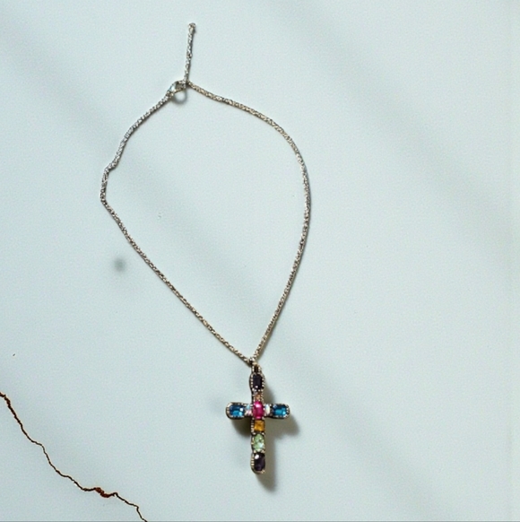 Multicolor Gemstone Cross Pendant Necklace - Picture 3 of 5